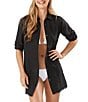 Tommy Bahama St. Lucia Point Collar Short Roll-Tab Sleeve Fray Hem Button Front Boyfriend Swim Cover Up, Color:Black - Image 1