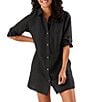 Tommy Bahama St. Lucia Point Collar Short Roll-Tab Sleeve Fray Hem Button Front Boyfriend Swim Cover Up, Color:Black - Image 3