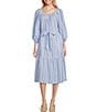 Color:Blue Vault - Image 1 - Stripe Off-The-Shoulder 3/4 Sleeve Side Pocket Belted Dress