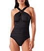 Color:Black - Image 1 - Pearl Solids Over the Shoulder High Neck Tummy Control One Piece Swimsuit