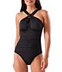 Tommy Bahama Pearl Solids Over the Shoulder High Neck Tummy Control One Piece Swimsuit, Color:Black - Image 1