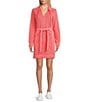 Color:Pure Coral - Image 1 - Sunray Cove Twill French Terry Collared V-Neck Long Sleeve Pocketed Belted Shirt Dress