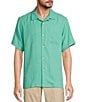 Color:Aqua Aloha - Image 1 - Solid Tropic Isle Short Sleeve Camp Collar Woven Shirt
