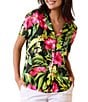 Color:Black - Image 1 - Tropical Floral Print Notch Collar Short Sleeve Button Front Shirt