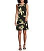Color:Black - Image 1 - Tropical Floral Print Stretch Crew Neck Sleeveless A-Line Dress