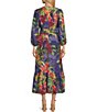 Color:Island Navy - Image 2 - Woven Vila Views Tropical Floral Print Surplice V-Neck Long Sleeve A-Line Midi Dress