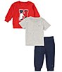 Color:Assorted - Image 2 - Baby Boys 12-24 Months Long Sleeve Fleece Monogrammed Sweatshirt, Short Sleeve Knit Tee & Fleece Jogger Pant Set