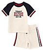 Color:Assorted - Image 1 - Baby Boys 12-24 Months Raglan-Sleeve Color Block Collegiate-Logo T-Shirt & Racing-Stripe Shorts Set