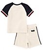 Color:Assorted - Image 2 - Baby Boys 12-24 Months Raglan-Sleeve Color Block Collegiate-Logo T-Shirt & Racing-Stripe Shorts Set