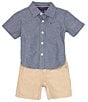 Color:Assorted - Image 1 - Baby Boys 12-24 Months Short Sleeve Patterened Woven Chambray Shirt & Solid Twill Shorts Set