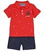 Color:Assorted - Image 1 - Baby Boys 12-24 Months Short Sleeve Patterned Pique Knit Polo Shirt & Solid Microsuede Twill Shorts Set