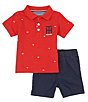 Color:Assorted - Image 3 - Baby Boys 12-24 Months Short Sleeve Patterned Pique Knit Polo Shirt & Solid Microsuede Twill Shorts Set