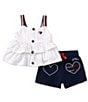 Color:Assorted - Image 1 - Baby Girls 12-24 Months Sleeveless Printed Ruffled Babydoll Jersey Top & Heart-Motif French Terry Shorts Set