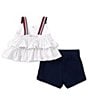 Color:Assorted - Image 2 - Baby Girls 12-24 Months Sleeveless Printed Ruffled Babydoll Jersey Top & Heart-Motif French Terry Shorts Set