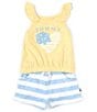 Color:Assorted - Image 1 - Baby Girls 12-24 Months Solid Heart-Shaped-Graphic Knit Tank Top & Striped French Terry Shorts Set
