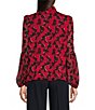 Color:Scarlet/Black - Image 2 - Chiffon Mock Neck Long Sleeve Abstract Floral Blouse