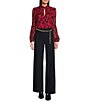 Color:Scarlet/Black - Image 3 - Chiffon Mock Neck Long Sleeve Abstract Floral Blouse