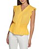 Color:Daffodil - Image 1 - Georgette V-Neck Ruffle Shoulder Sleeveless Smocked Waist Peplum Top