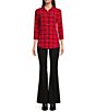 Color:Samba Multi - Image 3 - Knit Plaid Print Point Collar Long Roll-Tab Sleeve Button Front Shirt