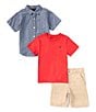 Color:Assorted - Image 1 - Little Boys 2T-4T Short Sleeve Printed Chambray Shirt, T-Shirt & Twill Shorts Set
