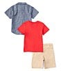 Color:Assorted - Image 2 - Little Boys 2T-4T Short Sleeve Printed Chambray Shirt, T-Shirt & Twill Shorts Set