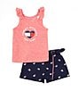 Color:Red - Image 1 - Little Girls 2T-6X Striped Heart-Graphic Jersey Tank Top & Allover-Flag-Motif French Terry Skort Set