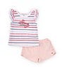 Color:Pink - Image 1 - Little Girls 2T-7 Flutter-Sleeve Striped Logo Jersey T-Shirt & Ruched-Side-Panel Chambray Shorts Set