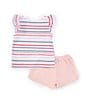 Color:Pink - Image 2 - Little Girls 2T-7 Flutter-Sleeve Striped Logo Jersey T-Shirt & Ruched-Side-Panel Chambray Shorts Set