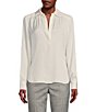 Color:Ivory - Image 1 - Point Collar V-Neck Long Cuffed Sleeve Blouse