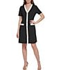 Color:Black/Ivory - Image 1 - Short Sleeve V-Neck Button Front Crepe Shift Dress