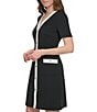 Color:Black/Ivory - Image 3 - Short Sleeve V-Neck Button Front Crepe Shift Dress