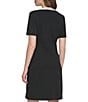 Color:Black/Ivory - Image 2 - Short Sleeve V-Neck Button Front Crepe Shift Dress