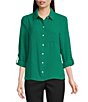 Color:Kelly Green - Image 1 - Woven Point Collar Long Roll-Tab Sleeve Straight Hem Button Front Shirt