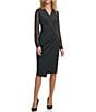 Color:Black - Image 1 - Surplice V-Neck Sheer Long Sleeve Asymmetrical Hem Mixed Media Scuba Faux Wrap Dress