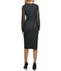 Color:Black - Image 2 - Surplice V-Neck Sheer Long Sleeve Asymmetrical Hem Mixed Media Scuba Faux Wrap Dress