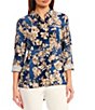 Color:Blue - Image 1 - Floral Print Woven Long Sleeve Point Collar Blouse