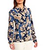Color:Blue - Image 2 - Floral Print Woven Long Sleeve Point Collar Blouse