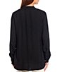 Color:Black - Image 2 - Woven Split V-Neck Long Sleeve Tunic Button Front Blouse