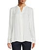Color:Ivory - Image 1 - Woven Split V-Neck Long Sleeve Tunic Button Front Blouse