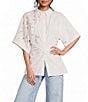 TOPSHOP Woven Oversized Cinched Waist 3/4 Sleeve Point Collar Cutwork Top - Image 1