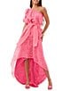 Color:Papillon Pink - Image 1 - Afloat Sheer Burnout Asymmetrical One-Shoulder Puff Sleeve High-Low Hem Belted Maxi Dress