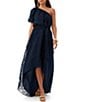 Color:Indigo - Image 1 - Afloat Sheer Burnout Asymmetrical One-Shoulder Puff Sleeve High-Low Hem Belted Maxi Dress