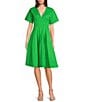 Trina Turk Ashe Poplin V-Neck Short Sleeve Fit-And-Flare Midi Dress, Color:Grass Court Green - Image 1