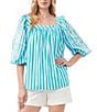 Color:Blue Grotto - Image 1 - Caterola Woven Square Neck Puff Elbow-Sleeve Lace Top