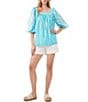 Color:Blue Grotto - Image 4 - Caterola Woven Square Neck Puff Elbow-Sleeve Lace Top