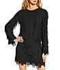 Trina Turk Chinaberry Coordinating Flutter Fringe Chiffon Round Neck Long Sleeve Top, Color:Black - Image 1
