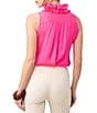 Color:Downtown Pink - Image 2 - Cinzia Stretch Satin High Ruffled Mock Neck Sleeveless Button Front Top