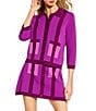 Trina Turk Coordinating Gaia Colorblock Knit Point Collar 3/4 Sleeve Button Front Cardigan, Color:Elderberry - Image 1