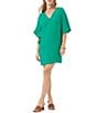 Color:Agave - Image 1 - Country Club Silk Crepe Satin V-Neck Elbow Dolman Sleeve Shift Dress
