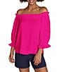 Color:Warm Magenta - Image 1 - Equinox Off-the Shoulder Ruched 3/4 Puffed Sleeve Top